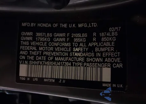 2017 Honda Civic Sport Touring z USA, uszkodzony, nr VIN SHHFK7H9XHU417394